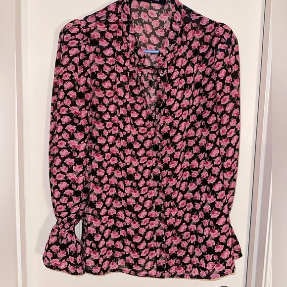 Fab’rik Sheer Long Sleeved Floral Blouse w/Gold Tone Buttons Sz Small Pink Black - Picture 4 of 4